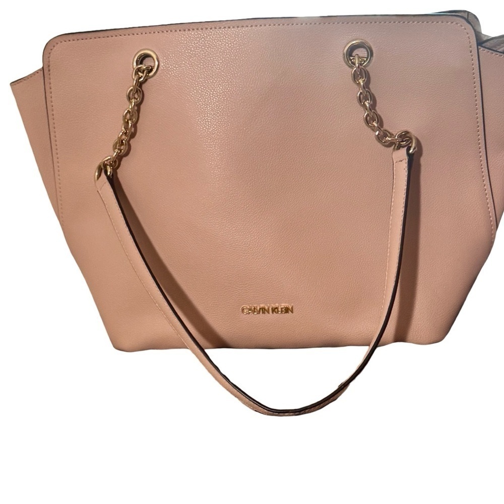 Calvin Klein Tan Structured Tote with Gold Chain Accents